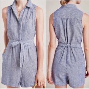 Anthropologie Blue White Striped Linen Blend Belted Romper